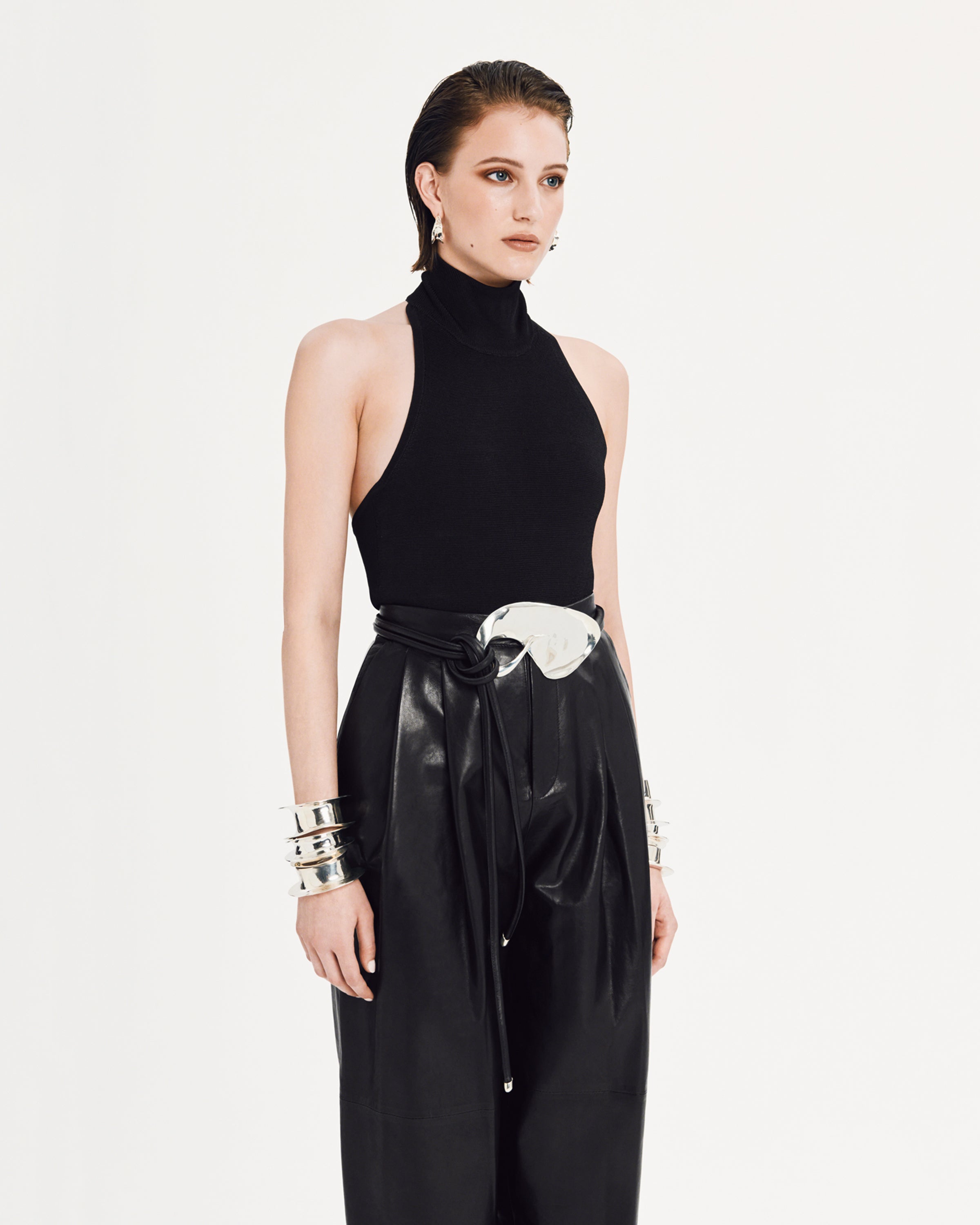 Avery Halter Top in Viscose Knit and Jennett Pants in Soft Lambskin Worn with the Catalonia Belt in Sterling Silver Brass | Resort 24 | Salon 1884
